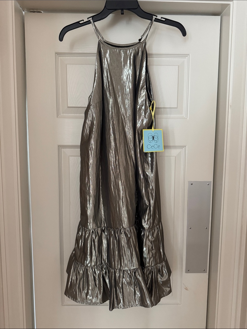 CeCe Shimmery Metallic Silver Halter Dress